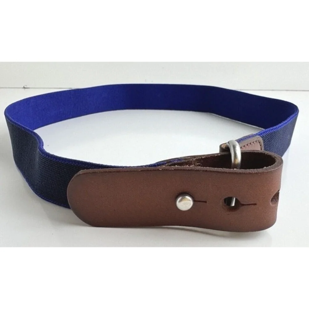 Navy Blue‎ Elastic Stretch Belt Brown Leather Tab Stud Closure Silver Ring 47-08